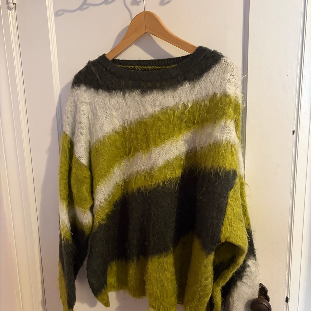 Eloquii Fuzzy Striped Sweater in Green and Black